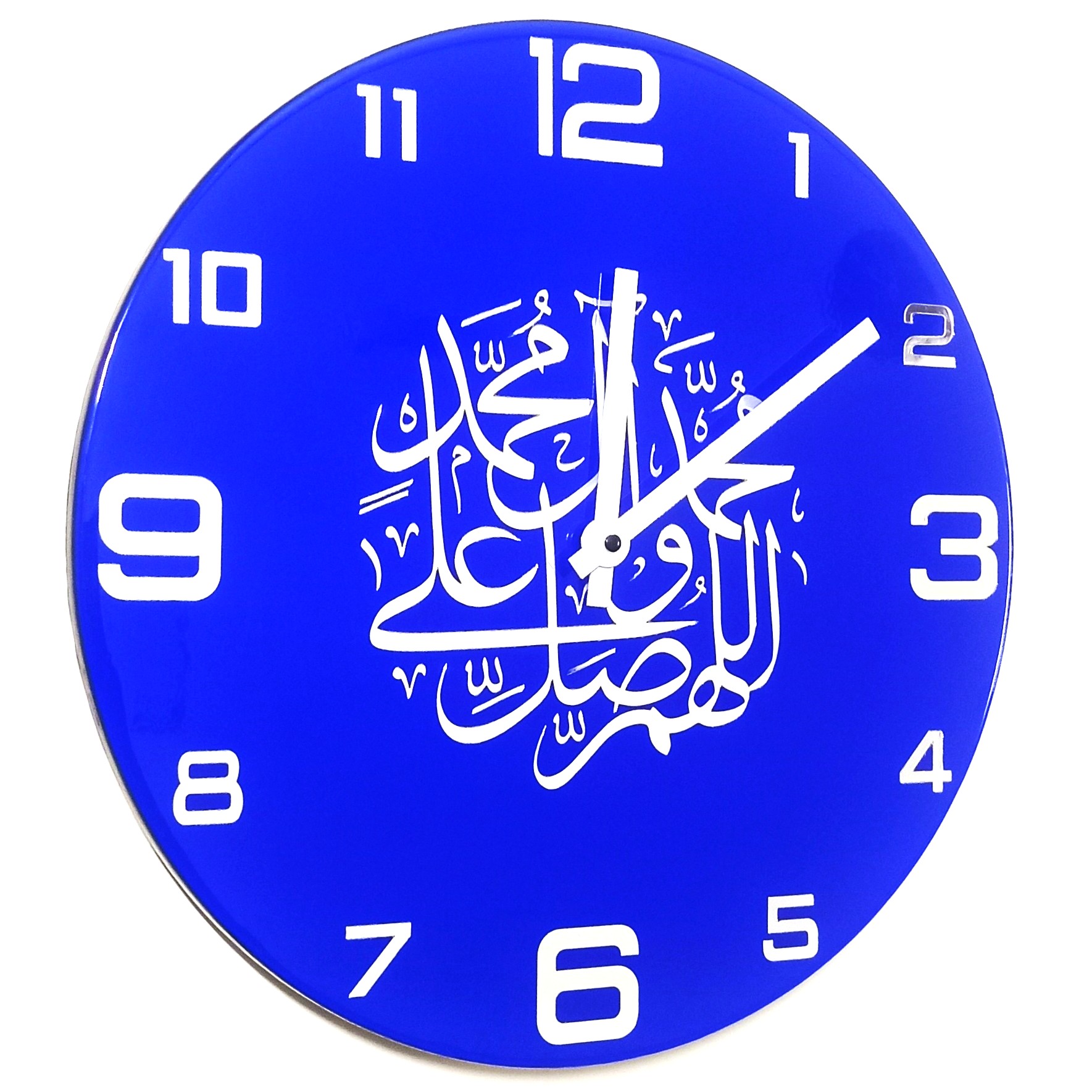 Blue resin wall clock with white Arabic calligraphy and bold white numbers.